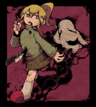 1girl black_blood black_border bleeding blonde_hair blood blood_from_mouth blue_eyes border brown_skirt chomahu full_body green_sweater highres injury jitome knife knife_in_chest long_sleeves looking_at_viewer poniko ponytail skirt slippers socks solo stab sweater twirling_hair uboa white_socks yume_nikki