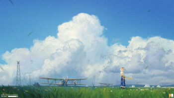 1boy 1girl aircraft airplane airport artist_name artstation_username biplane blonde_hair blue_sky building canvas_texture cloud cloudy_sky day facing_away field full_body gloves goggles goggles_on_head grass helmet highres hill logo mangshuo nature original outdoors pants pilot propeller scenery shirt short_hair sky sleeveless standing tent transmission_tower twitter_username weibo_username white_shirt wide_shot wind