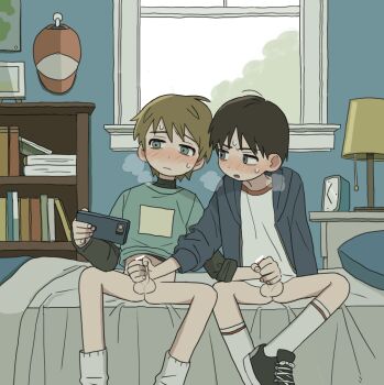 2boys aomuke bar_censor bed bedroom black_hair black_shoes blush book bookshelf bottomless breath brown_hair cellphone censored clock grey_eyes handjob hat indoors kodomo_doushi lamp looking_at_phone male_focus male_masturbation masturbation multiple_boys mutual_masturbation open_mouth original penis phone pillow shoes shota sitting smartphone socks spread_legs sweat testicles white_socks window yaoi