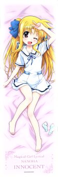 Rule 34 | 1girl, ;d, absurdres, alicia testarossa, bare legs, barefoot, bed, blonde hair, blush, dakimakura (medium), female focus, highres, legs, long hair, long image, looking at viewer, lying, lyrical nanoha, mahou shoujo lyrical nanoha innocent, official art, on back, one eye closed, open mouth, red eyes, school uniform, smile, socks, solo, tall image, unworn socks, v, wink