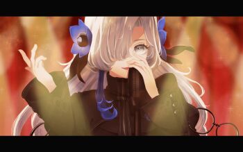 1girl absurdres black_dress blue_eyes blue_hair dress flower grey_hair hair_flower hair_ornament hair_over_one_eye highres isekaijoucho kamitsubaki_studio letterboxed long_hair microphone mohe_onpu multicolored_hair open_mouth signing solo two-tone_hair upper_body