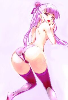 1girl ass back blunt_bangs breasts commentary_request elbow_rest feet_out_of_frame from_behind gradient_background hair_ornament highres long_hair looking_at_viewer looking_back median_furrow naruse_maria official_artist_extra panties purple_eyes purple_hair purple_panties purple_thighhighs shinmai_maou_no_testament shoulder_blades small_breasts solo sphere_hair_ornament thighhighs thighs underwear watanabe_yoshihiro