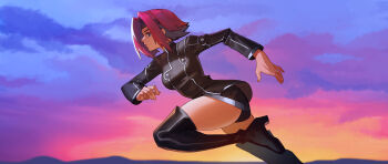 1girl black_boots black_jacket black_skirt blue_eyes boots breasts closed_mouth cloud cloudy_sky code_geass distr headband high_heel_boots high_heels highres jacket kouzuki_kallen long_sleeves medium_breasts miniskirt pink_hair profile purple_sky running short_hair skirt sky solo sunset