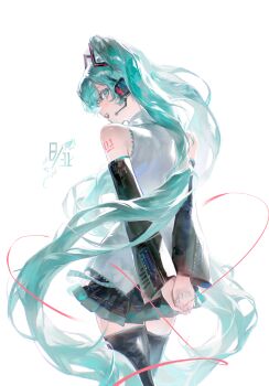 1girl absurdres aqua_eyes aqua_hair aqua_nails arm_tattoo arms_behind_back birthday blush commentary_request cowboy_shot detached_sleeves from_behind hatsune_miku highres lanmi_lemmy long_hair looking_back nail_polish number_tattoo own_hands_together pleated_skirt procreate_(medium) shirt simple_background skirt sleeveless sleeveless_shirt solo string string_of_fate tattoo thighhighs twintails very_long_hair vocaloid white_background zettai_ryouiki