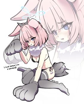 1girl absurdres animal_costume animal_ears animal_hands blue_archive blue_eyes bra breasts close-up commentary english_commentary english_text fake_animal_ears fangs fox_ears fox_girl fur_collar gloves halloween halo highres long_malin navel niko_(blue_archive) open_mouth panties paw_gloves pink_hair single_paw_pose solo tail thighhighs twitter_username underwear wolf_costume wolf_ears wolf_tail
