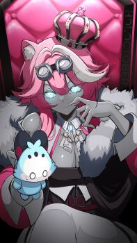 1girl absurdres animal_ear_fluff animal_ears blue_eyes breasts brooch chattino_(raora_panthera) cleavage clero_(viprimo) crown eyewear_on_head highres holding hololive hololive_english jewelry king_(vocaloid) multicolored_hair panther_ears panther_girl pink_hair raora_panthera streaked_hair trembling virtual_youtuber white_hair