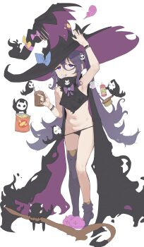 1girl alcohol arm_up armpits asymmetrical_legwear bags_under_eyes bare_shoulders beer beer_mug black_cape black_nails black_panties blue_bow bow bracelet breasts cape cat covered_erect_nipples cup esearu female_pubic_hair food full_body ghost hair_between_eyes hair_ornament halloween hand_on_headwear hat hat_bow holding jewelry large_hat loli long_hair looking_at_viewer mug navel original panties panty_pull pubic_hair purple_bow purple_eyes purple_hair purple_socks purple_thighhighs simple_background single_thighhigh skull skull_hair_ornament slippers small_breasts socks solo spirit staff standing thighhighs tongue tongue_out torn_cape torn_clothes twintails underwear very_long_hair white_background witch witch_hat