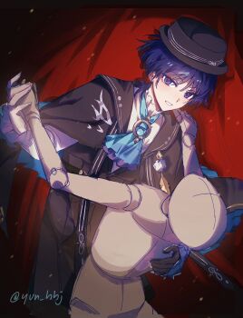 1boy alternate_costume aqua_ascot aqua_gemstone ascot black_coat black_gloves black_hat black_shorts blunt_ends boater_hat brooch coat curtains dancing eyeliner eyeshadow feathers fingernails formal_clothes frilled_shirt_collar frilled_sleeves frills gem genshin_impact gloves gold hat highres jewelry lapels layered_ascot long_sleeves looking_at_viewer makeup male_focus open_mouth pom_pom_(clothes) puppet purple_ascot purple_eyes purple_hair red_eyeliner red_eyeshadow scaramouche_(genshin_impact) shirt shorts sketch solo spotlight twitter_username undershirt wanderer_(genshin_fes_2026)_(genshin_impact) wanderer_(genshin_impact) white_mouth white_shirt white_sleeves white_trim wispy_bangs yellow_feathers yunhhj