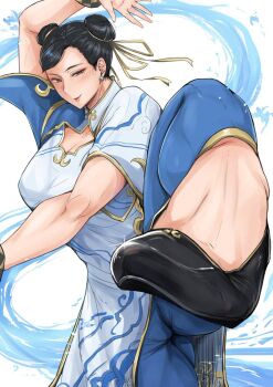 1girl black_footwear black_hair blue_pants bracelet breasts capcom china_dress chinese_clothes chun-li cleavage_cutout clothing_cutout double_bun dress earrings fighting_stance flats gold_trim hair_bun hair_ribbon highres jewelry kicking large_breasts looking_at_viewer muscular muscular_female no_socks pants ribbon smile solo standing street_fighter taba