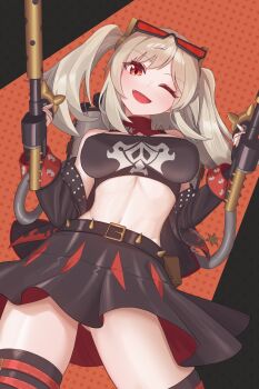 Rule 34 | 1girl, black gloves, black jacket, black skirt, blonde hair, breasts, burnice white, eyewear on head, fang, flamethrower, gloves, highres, holding flamethrower, holding weapon, jacket, large breasts, navel, one eye closed, open mouth, red eyes, ru wan chi, short hair, short twintails, skirt, smile, solo, sunglasses, thighhighs, twintails, weapon, zenless zone zero