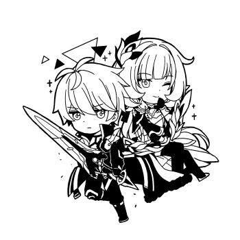 Rule 34 | 1boy, 1girl, ;), ahoge, boots, bow (weapon), chibi, chibi only, coat, elysia (honkai impact), elysia (miss pink elf) (honkai impact), gloves, greyscale, hair ornament, highres, holding, holding bow (weapon), holding sword, holding weapon, honkai (series), honkai impact 3rd, kevin kaslana, long hair, monochrome, one eye closed, pants, short hair, simple background, smile, star (zhongyan88528), sword, very long hair, weapon