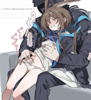 1boy 1girl amiya_(arknights) animal_ears arknights blue_eyes brown_hair clenched_teeth commentary doctor_(arknights) highres long_hair midriff na_tarapisu153 navel panties rabbit_ears request_inset rhodes_island_uniform sweat teeth translation_request trembling underwear white_panties womb_stimulation