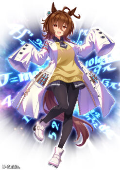 1girl :d absurdres agnes_tachyon_(tach-nology)_(umamusume) agnes_tachyon_(umamusume) ahoge animal_ears artist_name black_necktie black_pantyhose boots brown_hair commentary_request ear_ornament full_body hair_between_eyes highres horse_ears horse_girl horse_tail lab_coat long_sleeves looking_at_viewer necktie open_mouth pantyhose red_eyes short_hair short_necktie sleeves_past_fingers sleeves_past_wrists smile solo standing standing_on_one_leg sweater tail test_tube u-sukio. umamusume white_boots yellow_sweater