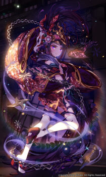 1girl black_hair chain commission floral_print flower fox_mask full_body hair_ornament highres japanese_clothes kimono kiwikong long_hair looking_at_viewer mask mask_on_head original purple_eyes sensitive solo thighhighs weapon white_thighhighs wide_sleeves