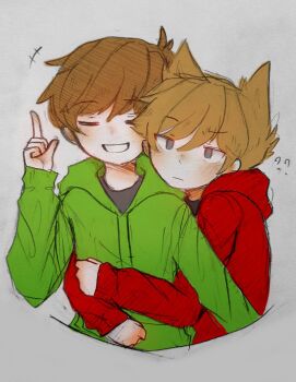 Rule 34 | +++, 2boys, ?, ??, animification, arms around waist, black shirt, blush, brown hair, closed eyes, commentary, couple, cropped torso, edd (eddsworld), eddsworld, english commentary, graphite (medium), green hoodie, grey eyes, grin, hair ears, hood, hood down, hoodie, hug, hug from behind, index finger raised, jitome, long sleeves, male focus, mixed media, multiple boys, red hoodie, shirt, short hair, simple background, sketch, smile, tord (eddsworld), traditional media, white background, yaoi, yulazee