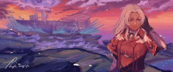1girl absurdres blue_eyes building closed_mouth cloud commentary_request dark-skinned_female dark_skin elma_(xenoblade_x) highres jacket kyuubankuji long_hair looking_ahead orange_sky outdoors red_jacket scenery signature sky solo standing white_hair xenoblade_chronicles_(series) xenoblade_chronicles_x