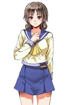 Rule 34 | 1girl, absurdres, arm behind back, ascot, blue serafuku, blue skirt, brown eyes, brown hair, commentary request, corpse party, cowboy shot, curly hair, hair ornament, hairpin, hand on own chest, highres, kisaragi academy school uniform, korean commentary, kuya (hey36253625), long sleeves, school uniform, serafuku, shinohara seiko, shirt, simple background, skirt, smile, solo, straight-on, white background, yellow ascot, yellow shirt