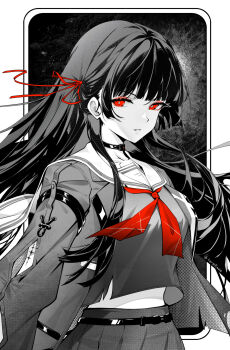 1girl arm_cutout breasts chinese_commentary chisa_(wuthering_waves) choker clothing_cutout commentary_request crop_top hair_ribbon highres huang_(pixiv3580877) jacket long_hair long_sleeves looking_at_viewer medium_breasts mole mole_under_eye neckerchief parted_lips partial_commentary red_eyes red_neckerchief red_ribbon ribbon sailor_collar shirt skirt solo spot_color tacet_mark_(wuthering_waves) upper_body white_sailor_collar wuthering_waves