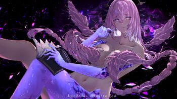 1girl absurdres book braid breasts collarbone commentary completely_nude english_commentary feet_out_of_frame floating_headgear hair_between_eyes hair_censor hair_in_own_mouth headgear highres holding ishmael:_parhelion_(pgr) ishmael_(pgr) kuroroui large_breasts long_hair looking_at_viewer loose_hair_strand low-braided_long_hair low-tied_long_hair navel nebula nude pink_eyes pink_hair punishing:_gray_raven purple_eyes purple_light simple_background solo space stomach thighs very_long_hair