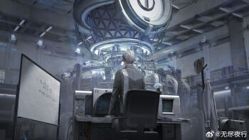 1boy absurdres chair character_request coat coat_rack cowboy_shot equation facing_away fedora from_behind grey_hair grey_hat grey_jacket hat highres indoors jacket laboratory machine male_focus monitor office_chair official_art punishing:_gray_raven short_hair solo standing swivel_chair unworn_coat unworn_hat unworn_headwear watermark weibo_watermark white_coat whiteboard wu_lun_wujin