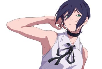 Rule 34 | 1girl, armpits, black choker, black hair, chainsaw man, choker, closed mouth, commentary, green eyes, highres, knew nothing, reze (chainsaw man), shirt, simple background, sleeveless, sleeveless shirt, solo, white background, white shirt