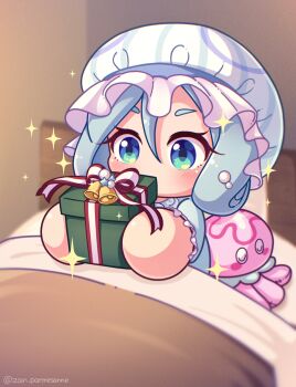 Rule 34 | 1girl, absurdres, aqua eyes, aqua hair, aqua hat, aqua pajamas, awase marina, blue eyes, commentary request, gift, gradient eyes, hair between eyes, hat, highres, holding, holding gift, indoors, jikkyou powerful pro yakyuu, jikkyou powerful pro yakyuu (style), multicolored eyes, no mouth, on bed, pajamas, parmesan (zan parmesanne), power pro appli, solo, sparkle, stuffed toy, twitter username, under covers, yellow eyes