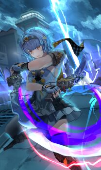 1girl absurdres anby_demara anby_demara_(silver_soldier) bike_shorts bike_shorts_under_skirt black_hairband black_thighhighs braid breasts burger_hair_ornament closed_mouth cloud cloudy_sky dual_wielding ethereal_(zenless_zone_zero) fingerless_gloves food-themed_hair_ornament gloves hair_ornament hairband harukimatsui_25 highres holding holding_sword holding_weapon hollow_(zenless_zone_zero) katana lightning looking_at_viewer medium_breasts night official_alternate_costume orange_eyes short_hair sideboob_cutout skirt sky solo sword thighhighs watchtower weapon white_gloves white_hair white_skirt yellow_eyes zenless_zone_zero