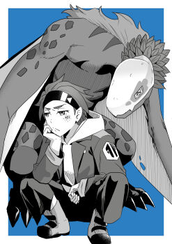 Rule 34 | 1boy, absurdres, blue background, boots, border, commentary request, digimon, digimon (creature), digimon beatbreak, dinosaur, greyscale with colored background, hairband, hasegawa (hase popopo), highres, hood, hoodie, jacket, male focus, open clothes, open jacket, pants, rhampomon, short hair, simple background, souda raito, squatting, white border