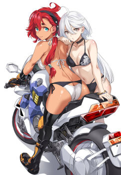 2girls bikini boots dark-skinned_female dark_skin gundam gundam_suisei_no_majo highres looking_at_viewer miorine_rembran motor_vehicle motorcycle multiple_girls nagayori shiny_skin simple_background suletta_mercury swimsuit yuri