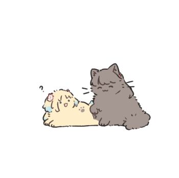 :3 :d ? ^_^ animal_focus animal_with_hair ao_kaeru blue_eyes brown_cat cat closed_eyes commentary_request dog flower fujishima_megumi hair_flower hair_ornament highres link!_like!_love_live! love_live! no_humans open_mouth osawa_rurino paw_print simple_background smile twintails virtual_youtuber white_background yellow_dog