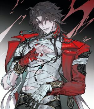 1boy artist_name bandaged_chest bandaged_torso beads black_hair blade_(honkai:_star_rail) bracelet commentary double-parted_bangs dxxx49 earrings english_commentary gradient_hair grin highres honkai:_star_rail honkai_(series) jacket jewelry long_hair male_focus multicolored_hair nail_polish necklace open_clothes open_jacket pants red_eyes red_jacket scar single_earring smile tassel very_long_hair