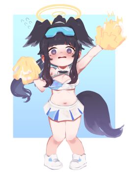 1girl absurdres animal_ears black_hair blue_archive blush cheerleader commentary_request dog_ears dog_girl dog_tail full_body goggles goggles_on_head halo hibiki_(blue_archive) hibiki_(cheer_squad)_(blue_archive) highres holding holding_pom_poms korean_commentary long_hair looking_at_viewer lulubelleiii millennium_cheerleader_outfit_(blue_archive) navel official_alternate_costume open_mouth pom_pom_(cheerleading) pom_poms shoes simple_background skirt solo tail white_shoes yellow_halo