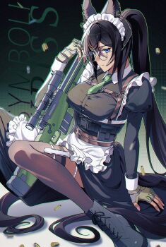 1girl ai_arctic_warfare animal_ears apron black_boots black_dress black_hair black_thighhighs blue_eyes bolt_action boots breasts bullet closed_mouth collared_dress dress earrings fingernails glasses gloves green_necktie grey_gloves gun hair_between_eyes headset highres holster horse_ears horse_girl horse_tail jewelry large_breasts long_hair long_sleeves maid maid_apron maid_headdress murangee necktie ponytail rifle single_earring sniper_rifle symboli_kris_s_(umamusume) tail thigh_holster thighhighs umamusume very_long_hair waist_apron weapon white_apron white_headdress