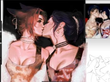 Rule 34 | 2girls, alternate costume, alternate hairstyle, animal ear piercing, animal ears, breasts, cawchan, cleavage, close-up, closed eyes, collarbone, couple, derivative work, dress, eyeshadow, fox ears, fox girl, from side, fur trim, genshin impact, hair between eyes, hair bun, hair ornament, hair up, highres, imminent kiss, jewelry, large breasts, leaning on person, leaning to the side, looking down, makeup, mole, mole on breast, mole on neck, mole on shoulder, mole under eye, multicolored hair, multiple girls, necklace, parted bangs, pearl necklace, pink hair, purple eyes, purple eyeshadow, purple hair, raiden shogun, red dress, screenshot redraw, sketch, streaked hair, unfinished, upper body, white fur, yae miko, yellow dress, yuri
