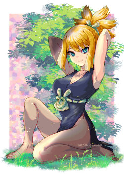 Rule 34 | 1girl, :3, armpits, arms behind head, arms up, artist name, bare legs, barefoot, black dress, blonde hair, blue dress, blue eyes, breasts, choker, cleavage, closed mouth, collarbone, dated, dr. stone, dress, feet, full body, grass, highres, impossible clothes, itou kaeru, knee up, kohaku (dr. stone), large breasts, legs, looking at viewer, panties, pixiv id, plunging neckline, ponytail, presenting armpit, rope, rope around waist, rope belt, side slit, sitting, sleeveless, smile, solo, thighs, toenails, toes, twitter username, underwear, white choker, white rope