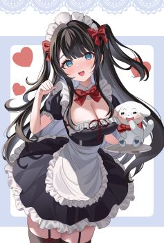 1girl @_@ absurdres apron black_dress black_garter_straps black_hair blue_eyes bow bowtie breasts cleavage cleavage_cutout clothing_cutout commentary cowboy_shot creature dress drooling frilled_dress frills garter_straps haedungi_(shirayuki_hina) hair_bow hair_intakes hanabi_(minjo_0220) hand_up highres holding holding_tray large_breasts long_hair maid maid_headdress mouth_drool nervous_sweating open_mouth parted_bangs raised_inner_eyebrows red_bow red_bowtie shirayuki_hina short_dress solo standing stellive sweat symbol-only_commentary thighhighs tray two_side_up very_long_hair virtual_youtuber waist_apron white_apron zettai_ryouiki