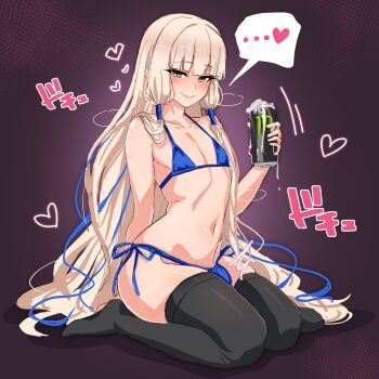 1boy bikini black_thighhighs blonde_hair blue_bikini bulge crossdressing crossdressing_(mtf) cum cum_in_container energy_drink fate/grand_order fate_(series) full_body green_eyes heart highres kneehighs long_hair long_sidelocks low-tied_sidelocks monster_energy noah_(fate) side-tie_bikini_bottom sidelocks smile socks solo spoken_heart swimsuit thighhighs thighs trap very_long_hair very_long_sidelocks zanegoodell