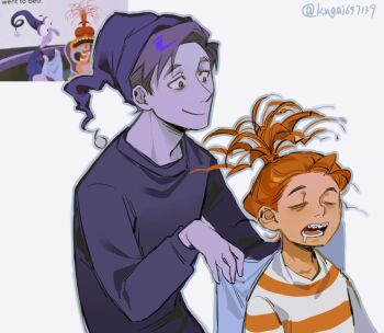 1boy 1girl anxiety_(inside_out_2) artist_name blanket closed_eyes closed_mouth colored_skin derivative_work disney drooling fear_(inside_out) freckles hand_up hat high_ponytail highres holding holding_blanket inside_out inside_out_2 kugai697139 long_hair long_sleeves looking_at_another messy_hair nightcap open_mouth orange_hair orange_skin pixar ponytail puffy_long_sleeves puffy_sleeves purple_eyes purple_hair purple_hat purple_shirt purple_skin screenshot_redraw shirt short_hair simple_background sleeping smile striped_clothes striped_sweater sweater teeth upper_body white_background white_sweater