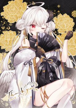 1girl absurdres bare_shoulders black_background black_dress black_gloves black_horns commentary_request commission covered_mouth curled_horns double_bun dress feathered_wings floral_background flower gloves hair_bun hair_ribbon halo hand_fan highres horns jacket long_hair long_sleeves off_shoulder one_eye_closed original paper_fan red_eyes ribbon single_horn sleeveless sleeveless_dress socks twintails wangying_(itswasuutsu) white_hair white_jacket white_sleeves white_socks white_wings wide_sleeves wings yellow_flower yellow_ribbon