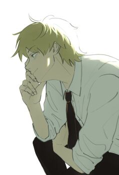 1boy black_necktie black_pants blonde_hair chainsaw_man closed_mouth collared_shirt denji_(chainsaw_man) hand_on_own_cheek hand_on_own_face highres male_focus necktie pants profile shirt short_hair sitting sleeves_rolled_up smile solo uni_(uni_unico) upper_body white_background white_shirt