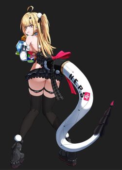 1girl ahoge ass bare_shoulders black_background black_shoes black_skirt black_thighhighs blonde_hair breasts chalky_(zenless_zone_zero) cissia_(zenless_zone_zero) commentary detached_sleeves food food_on_face full_body gdog_0164 hair_between_eyes hair_ornament hairclip holding holding_food large_breasts long_hair looking_at_viewer looking_back miniskirt pom_pom_(clothes) pom_pom_hair_ornament red_eyes shoes simple_background skirt snake snake_girl snake_tail sweat tail thighhighs underboob untranslatable_commentary white_snake zenless_zone_zero