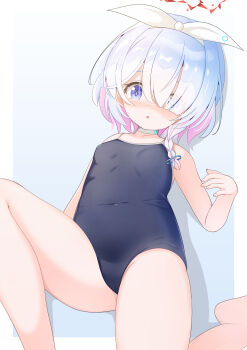 1girl absurdres arona_(blue_archive) bare_shoulders blue_archive blue_eyes blush breasts check_commentary choker commentary_request competition_school_swimsuit covered_navel hair_ornament hair_over_one_eye hair_ribbon halo highres looking_at_viewer multicolored_hair parted_lips ratemaru ribbon school_swimsuit sitting small_breasts solo streaked_hair striped_background swimsuit