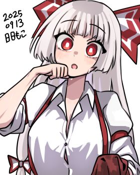 1girl :o absurdres blunt_bangs bow breasts bright_pupils button_gap cleavage dated dated_commentary fujiwara_no_mokou grey_hair hair_bow hair_ribbon hand_up highres large_breasts light_blush long_hair long_sleeves looking_at_viewer neophyte open_mouth red_bow red_eyes ribbon shirt simple_background sleeve_rolled_up solo sweat touhou tress_ribbon upper_body white_background white_pupils white_shirt wide-eyed wing_collar wiping_sweat