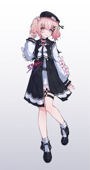 1girl absurdres black_choker black_coat black_hat black_shoes chinese_commentary choker coat commentary_request cosplay full_body girls_band_cry gradient_background grey_eyes hair_ornament hat highres hina_(girls_band_cry) long_hair long_sleeves mahou_shoujo_no_majo_saiban pink_hair sakuraba_ema sakuraba_ema_(cosplay) shoes short_twintails shorts sleeves_past_wrists socks solo thigh_strap tongue tongue_out twintails white_shorts white_socks x_hair_ornament yun_cao_bing