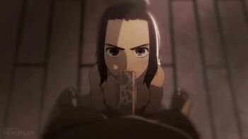 1boy 1girl age_difference animated annoyed artist_name brown_eyes brown_hair censored collarbone completely_nude dark-skinned_male dark_skin fellatio flat_chest floor forehead from_above gabi_braun hetero interracial loli looking_at_viewer looking_up looping_animation mosaic_censoring nekoflux nipples nude on_floor oral penis ponytail shingeki_no_kyojin short_hair short_ponytail solo_focus tagme upper_body video wooden_floor