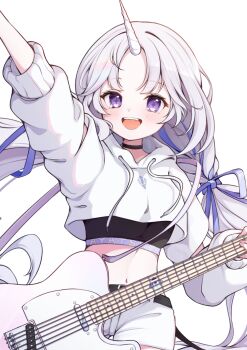 Rule 34 | 1girl, absurdres, arm up, ayatsuno yuni, belt, black belt, black choker, black sports bra, blue ribbon, character name, choker, commentary request, cowboy shot, crop top, crop top overhang, cropped hoodie, drawstring, grey hair, guitar, gyeou lee, hair ribbon, highres, hood, hood down, hoodie, horns, instrument, korean commentary, long hair, long sleeves, low twintails, midriff, multicolored hair, navel, purple eyes, ribbon, short shorts, shorts, simple background, single horn, solo, sports bra, standing, star-shaped pupils, star (symbol), stellive, streaked hair, symbol-shaped pupils, twintails, unicorn horn, very long hair, virtual youtuber, white background, white hoodie, white shorts