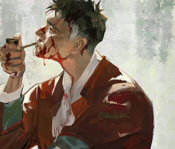 1boy beard_stubble black_hair blood blood_on_face blood_on_hands bloodshot_eyes collared_shirt facial_hair from_side holding holding_smoking_pipe jacket loose_clothes loose_shirt male_focus mature_male open_clothes open_jacket original red_jacket redsakaone shirt short_hair smoking smoking_pipe solo spiked_hair stubble upper_body white_background white_shirt