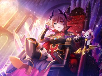 1girl armor black_boots black_cape black_horns blush boots brown_hair cape crossed_legs daiba_nana demon_horns earrings fake_horns fang game_cg grey_eyes heterochromia high_heel_boots high_heels holding holding_sword holding_weapon horns jewelry light_rays looking_at_viewer necklace official_art parted_lips purple_nails red_cape red_hair sheath sheathed short_twintails shoujo_kageki_revue_starlight shoujo_kageki_revue_starlight_-re_live- sitting sitting_on_throne solo sword thigh_boots throne twintails two-sided_cape two-sided_fabric weapon