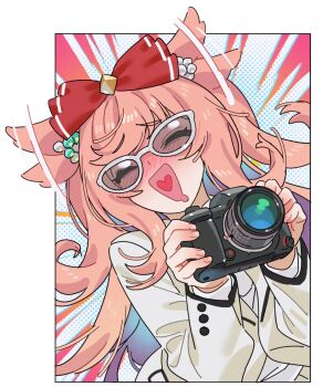 1girl :d ^_^ agnes_digital_(umamusume) animal_ears blush bow camera closed_eyes commentary_request ear_wiggle facing_viewer hair_bow heart heart_in_mouth highres holding holding_camera horse_ears horse_girl jacket open_mouth outside_border pink_hair red_bow sarcophage smile solo umamusume white_jacket