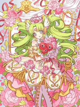 Rule 34 | 1girl, :d, absurdres, bouquet, colored eyelashes, commentary request, dress, drill hair, falulu, falulu (awakened), feet out of frame, floral background, flower, forehead jewel, gold trim, green hair, grey eyes, hair ornament, headphones, highres, holding, holding bouquet, idol clothes, long hair, looking at viewer, meremero, mirror, open mouth, pantyhose, parted bangs, petals, pink dress, pink flower, pink rose, pretty series, pripara, red flower, rose, sidelocks, smile, solo, standing, twintails, white pantyhose, wing hair ornament